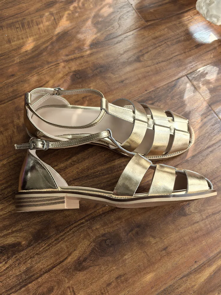 MKKHOU Fashion Sandals Women's New High Quality Leather Gold Flat Shoes Braided T-Ankle Buckle Summer Silver Shoes