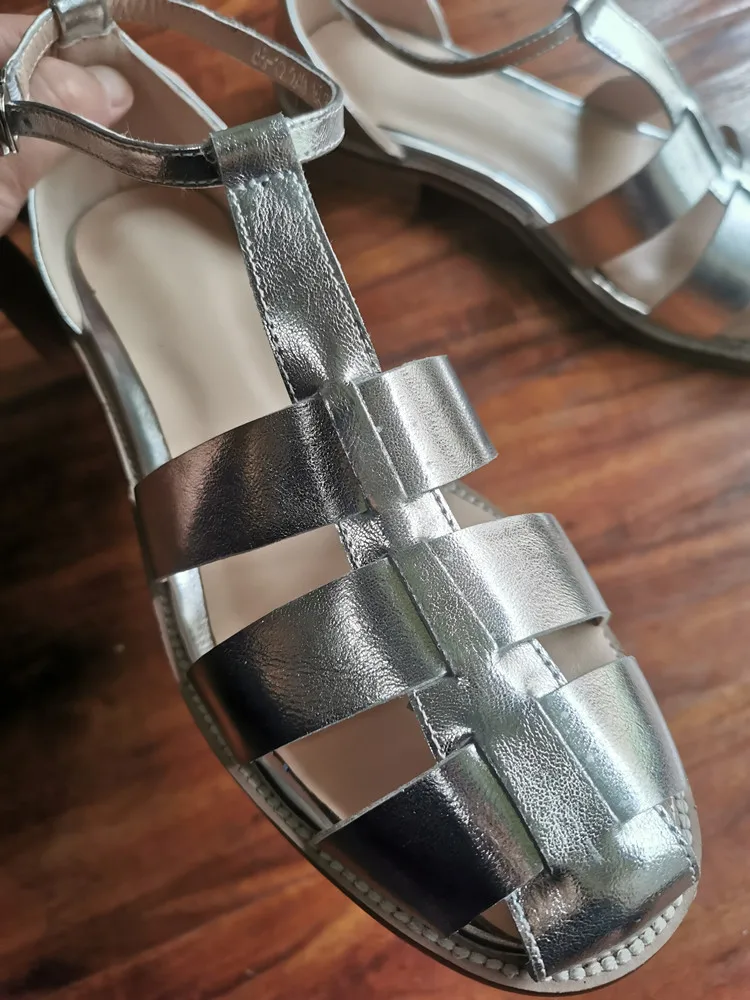 MKKHOU Fashion Sandals Women's New High Quality Leather Gold Flat Shoes Braided T-Ankle Buckle Summer Silver Shoes