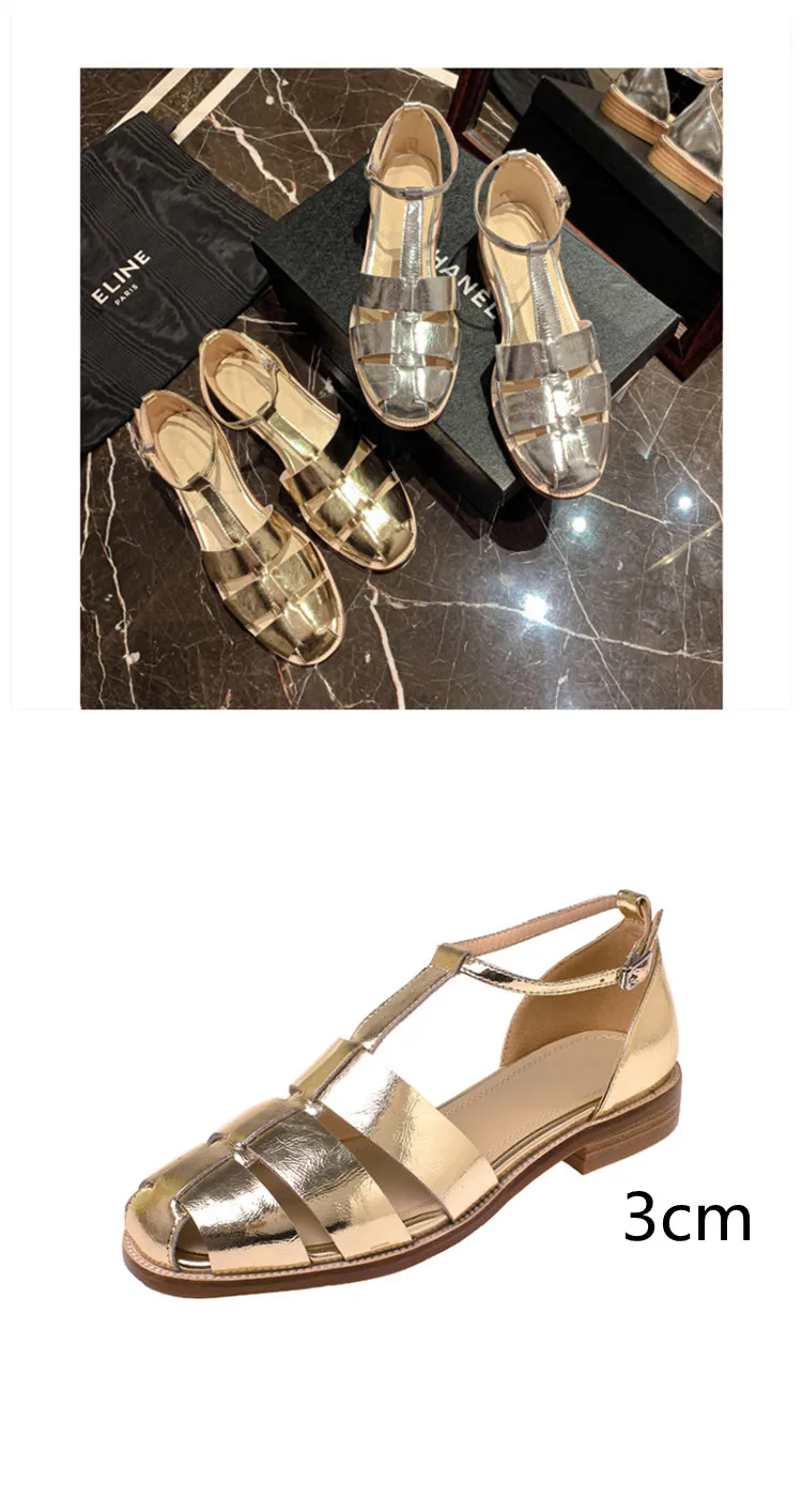MKKHOU Fashion Sandals Women's New High Quality Leather Gold Flat Shoes Braided T-Ankle Buckle Summer Silver Shoes