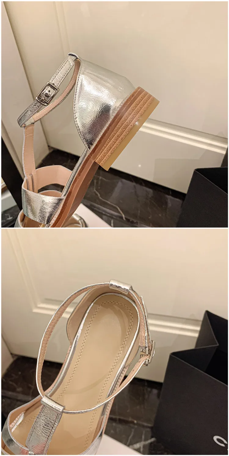 MKKHOU Fashion Sandals Women's New High Quality Leather Gold Flat Shoes Braided T-Ankle Buckle Summer Silver Shoes