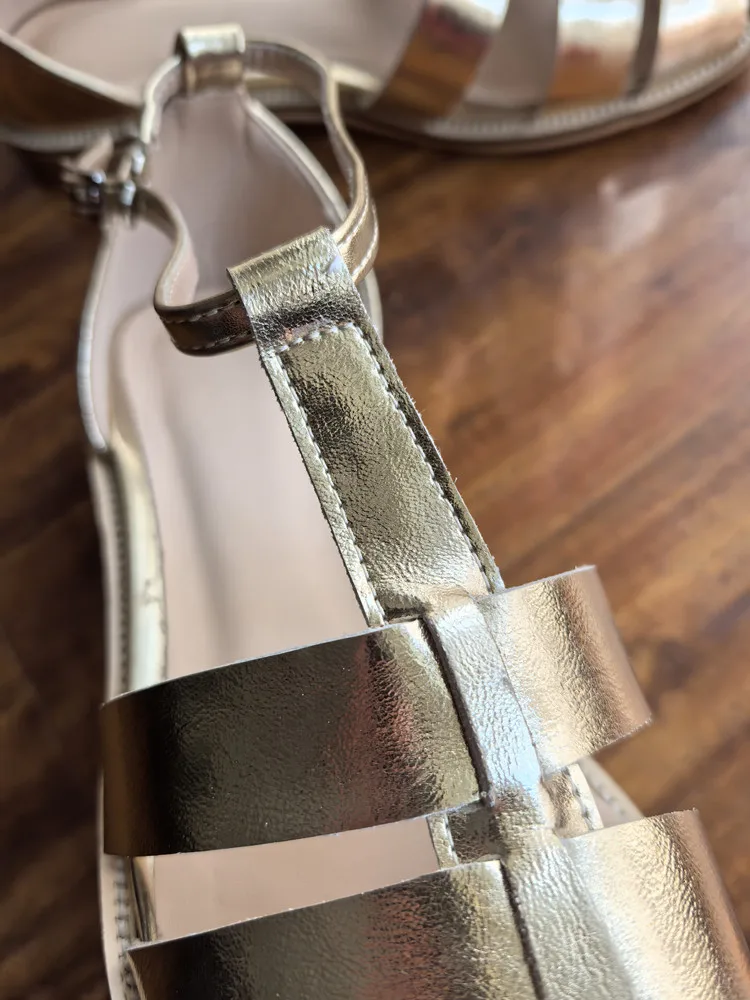 MKKHOU Fashion Sandals Women's New High Quality Leather Gold Flat Shoes Braided T-Ankle Buckle Summer Silver Shoes