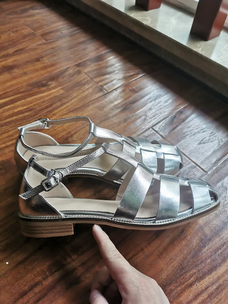 MKKHOU Fashion Sandals Women's New High Quality Leather Gold Flat Shoes Braided T-Ankle Buckle Summer Silver Shoes