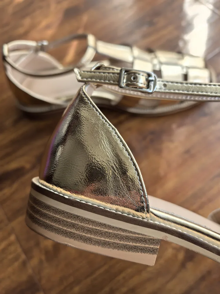 MKKHOU Fashion Sandals Women's New High Quality Leather Gold Flat Shoes Braided T-Ankle Buckle Summer Silver Shoes