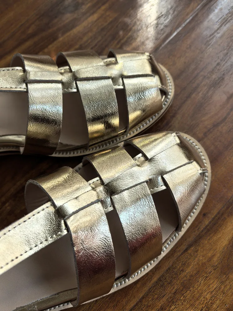 MKKHOU Fashion Sandals Women's New High Quality Leather Gold Flat Shoes Braided T-Ankle Buckle Summer Silver Shoes
