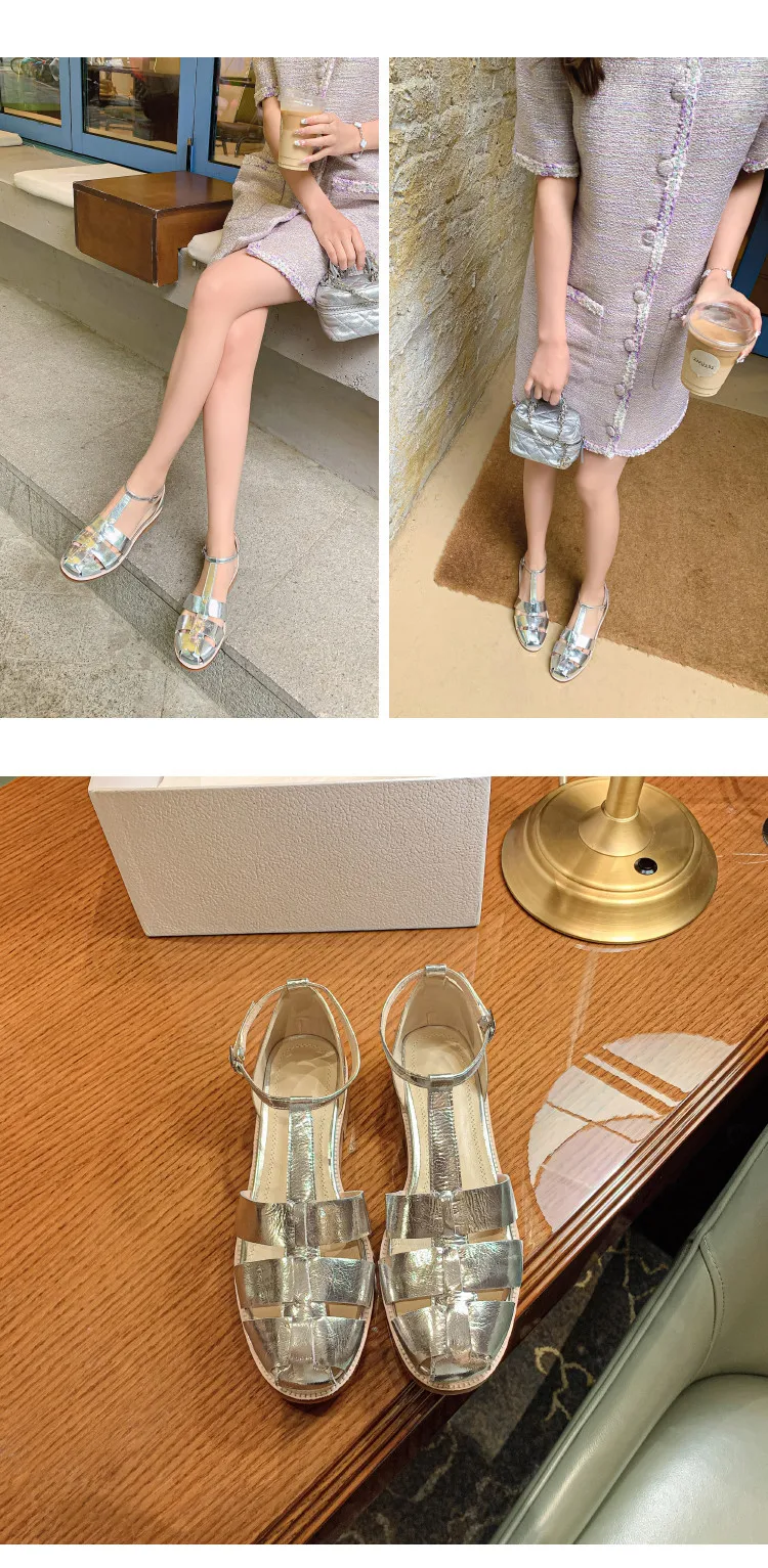 MKKHOU Fashion Sandals Women's New High Quality Leather Gold Flat Shoes Braided T-Ankle Buckle Summer Silver Shoes