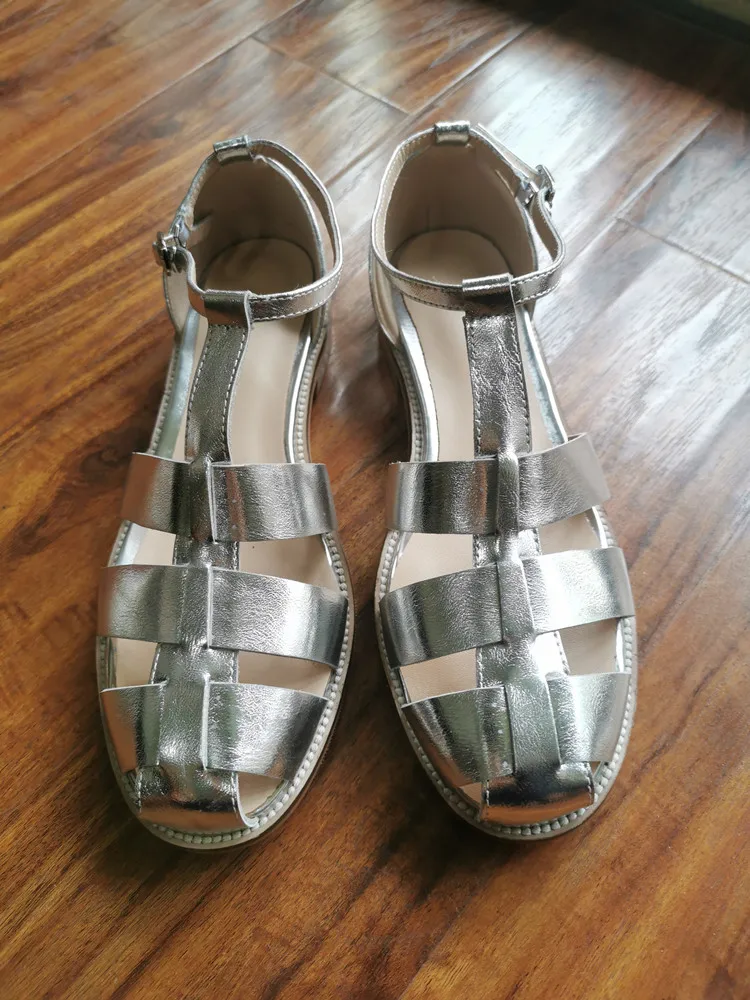 MKKHOU Fashion Sandals Women's New High Quality Leather Gold Flat Shoes Braided T-Ankle Buckle Summer Silver Shoes
