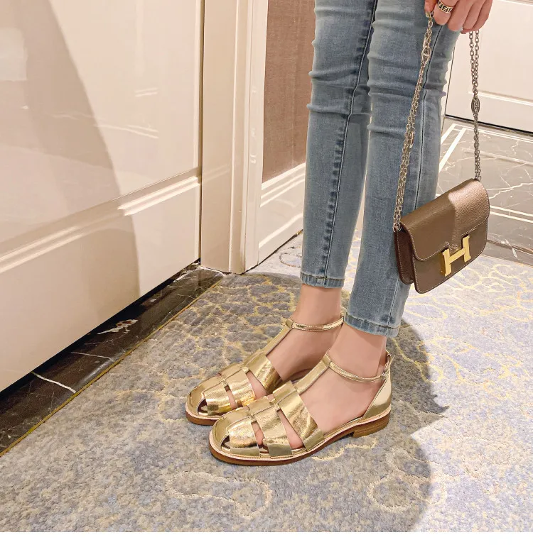 MKKHOU Fashion Sandals Women's New High Quality Leather Gold Flat Shoes Braided T-Ankle Buckle Summer Silver Shoes