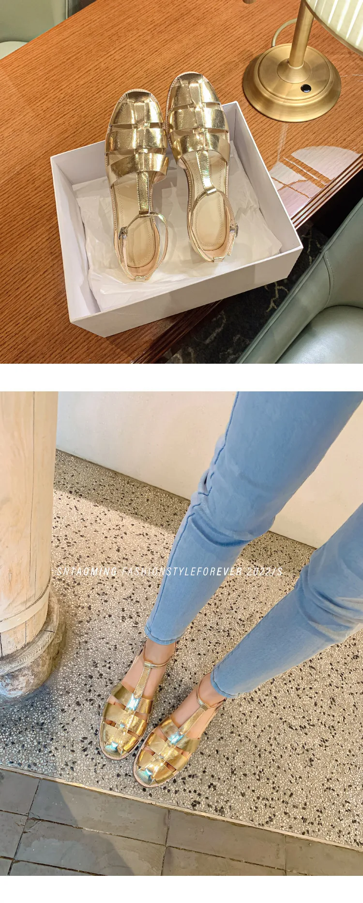 MKKHOU Fashion Sandals Women's New High Quality Leather Gold Flat Shoes Braided T-Ankle Buckle Summer Silver Shoes