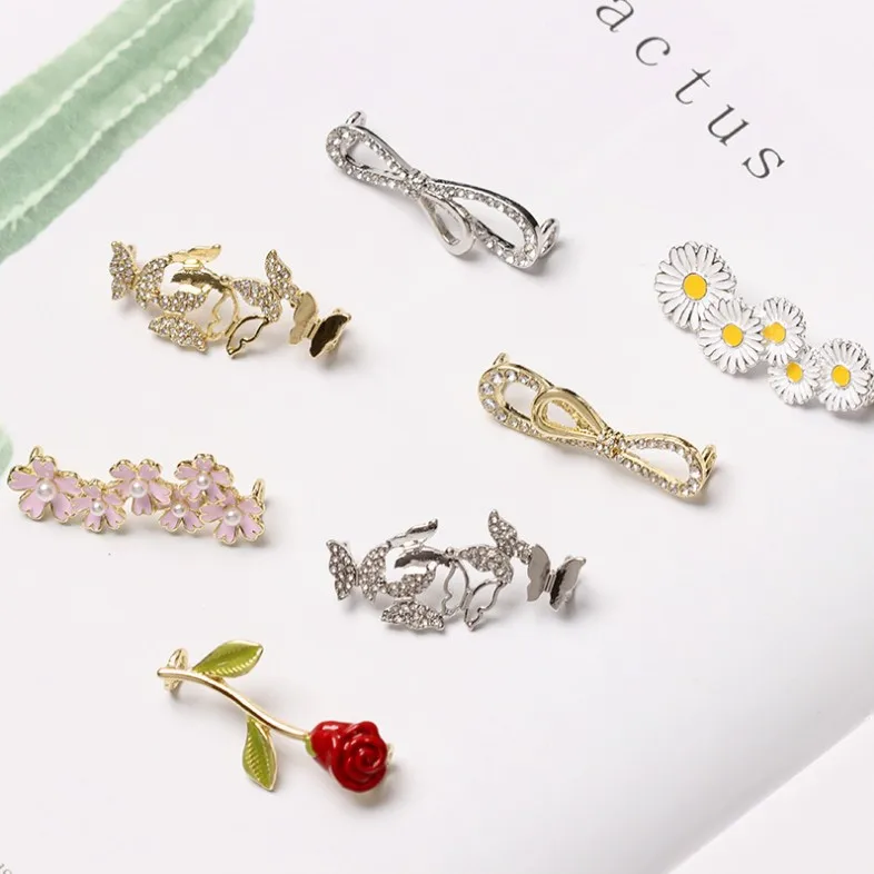 Shoelaces Decoration Metal Shoelace Buckle Pearl Bow Shoe Accessories Shiny Rhinestones Women Shoes Decorative Accessory 1Pcs