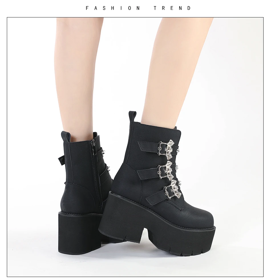 Gdgydh Sexy Rivets Black Demoia Boots Women Metal Decoration Platform Heels Gothic Bat Buckle Strap Ladies Short Boots Plus Size