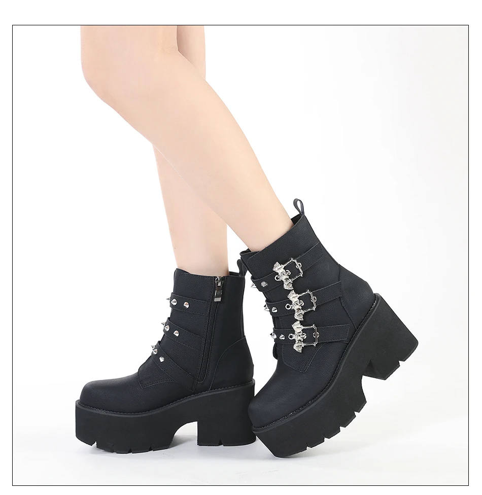 Gdgydh Sexy Rivets Black Demoia Boots Women Metal Decoration Platform Heels Gothic Bat Buckle Strap Ladies Short Boots Plus Size