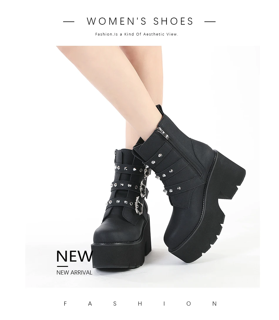 Gdgydh Sexy Rivets Black Demoia Boots Women Metal Decoration Platform Heels Gothic Bat Buckle Strap Ladies Short Boots Plus Size