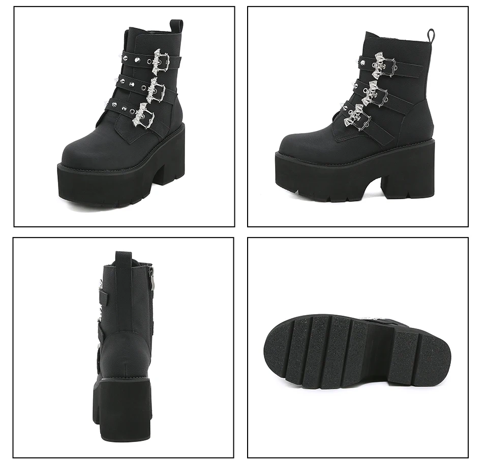 Gdgydh Sexy Rivets Black Demoia Boots Women Metal Decoration Platform Heels Gothic Bat Buckle Strap Ladies Short Boots Plus Size