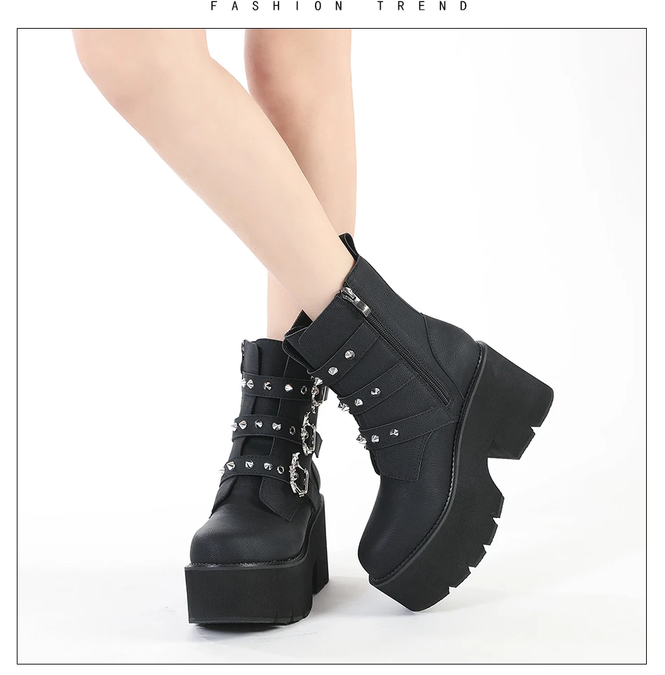 Gdgydh Sexy Rivets Black Demoia Boots Women Metal Decoration Platform Heels Gothic Bat Buckle Strap Ladies Short Boots Plus Size