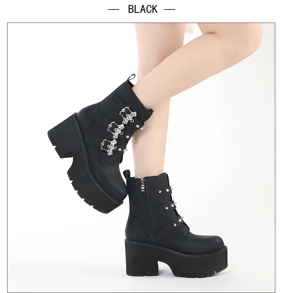Gdgydh Sexy Rivets Black Demoia Boots Women Metal Decoration Platform Heels Gothic Bat Buckle Strap Ladies Short Boots Plus Size
