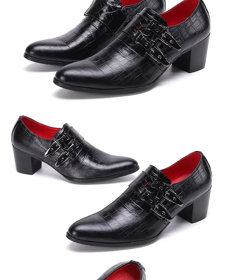 Men's High Heel Cowhide Dress Shoes, Metal Buckle Round Toe Thick Heel Height Increasing Shoes, Autumn Catwalk Singer Stage Perf