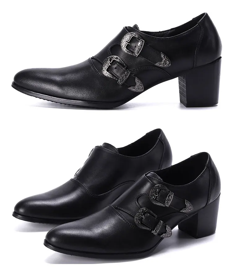 Men's High Heel Cowhide Dress Shoes, Metal Buckle Round Toe Thick Heel Height Increasing Shoes, Autumn Catwalk Singer Stage Perf