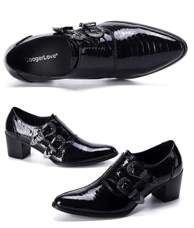 Men's High Heel Cowhide Dress Shoes, Metal Buckle Round Toe Thick Heel Height Increasing Shoes, Autumn Catwalk Singer Stage Perf