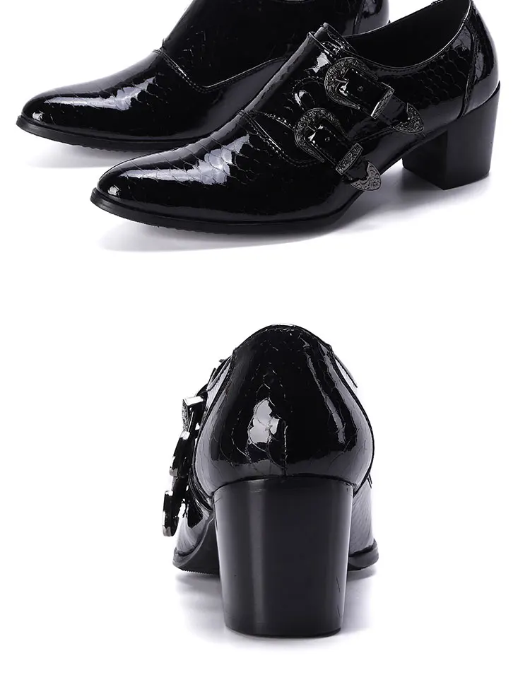 Men's High Heel Cowhide Dress Shoes, Metal Buckle Round Toe Thick Heel Height Increasing Shoes, Autumn Catwalk Singer Stage Perf