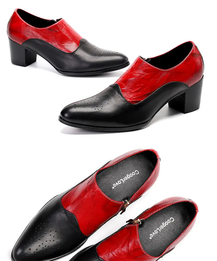 Men's High Heel Cowhide Dress Shoes, Metal Buckle Round Toe Thick Heel Height Increasing Shoes, Autumn Catwalk Singer Stage Perf