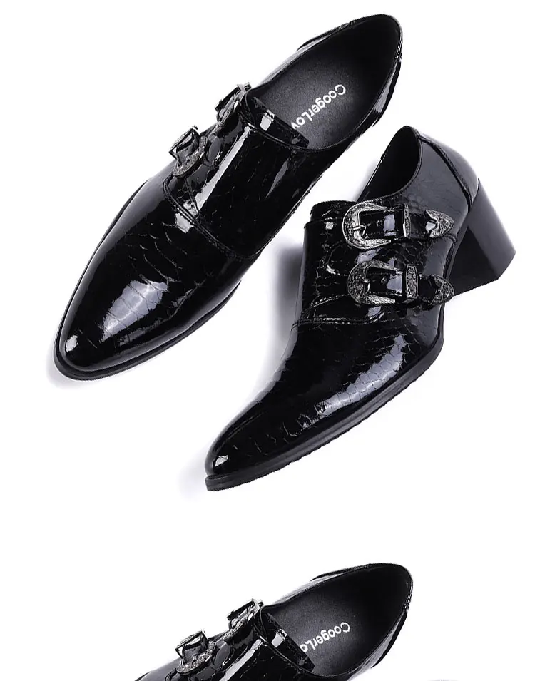 Men's High Heel Cowhide Dress Shoes, Metal Buckle Round Toe Thick Heel Height Increasing Shoes, Autumn Catwalk Singer Stage Perf
