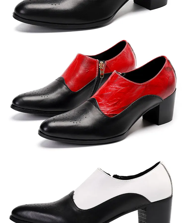 Men's High Heel Cowhide Dress Shoes, Metal Buckle Round Toe Thick Heel Height Increasing Shoes, Autumn Catwalk Singer Stage Perf