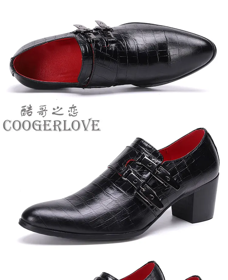 Men's High Heel Cowhide Dress Shoes, Metal Buckle Round Toe Thick Heel Height Increasing Shoes, Autumn Catwalk Singer Stage Perf