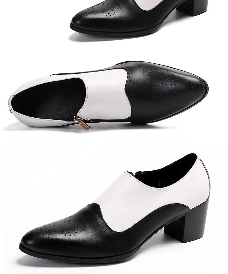 Men's High Heel Cowhide Dress Shoes, Metal Buckle Round Toe Thick Heel Height Increasing Shoes, Autumn Catwalk Singer Stage Perf