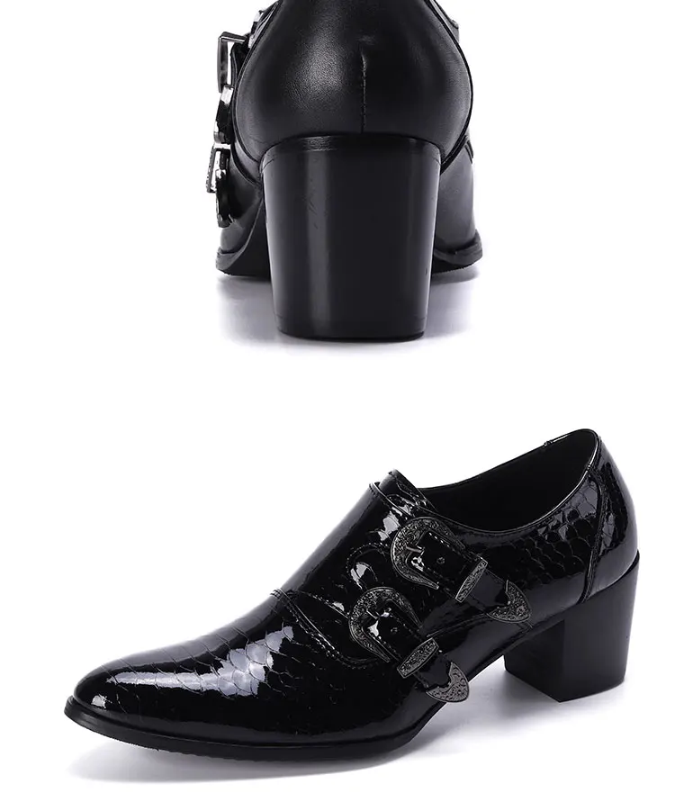 Men's High Heel Cowhide Dress Shoes, Metal Buckle Round Toe Thick Heel Height Increasing Shoes, Autumn Catwalk Singer Stage Perf