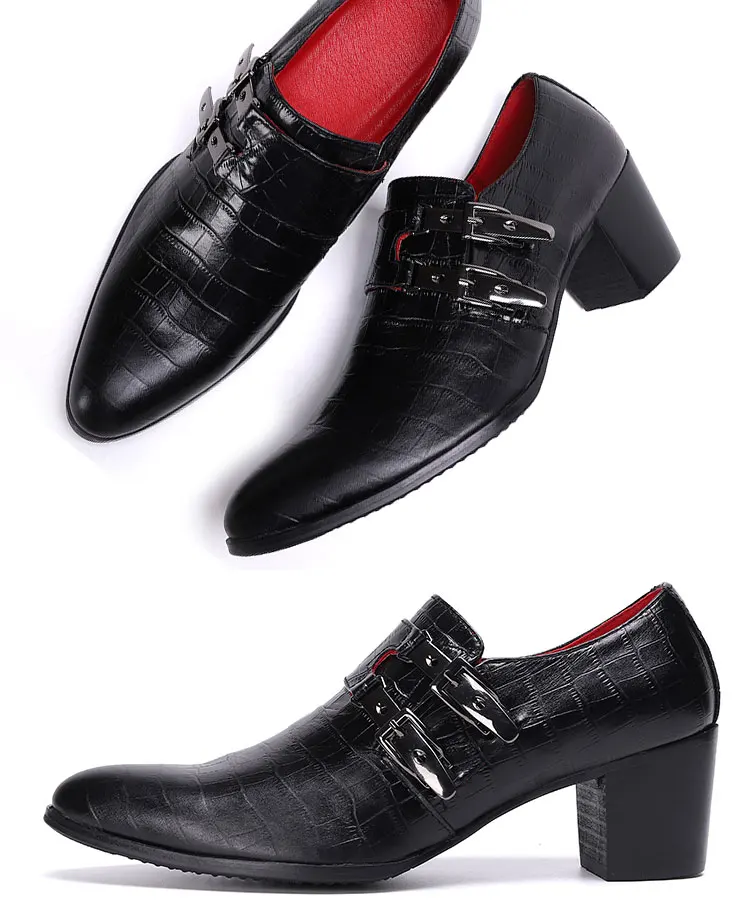 Men's High Heel Cowhide Dress Shoes, Metal Buckle Round Toe Thick Heel Height Increasing Shoes, Autumn Catwalk Singer Stage Perf