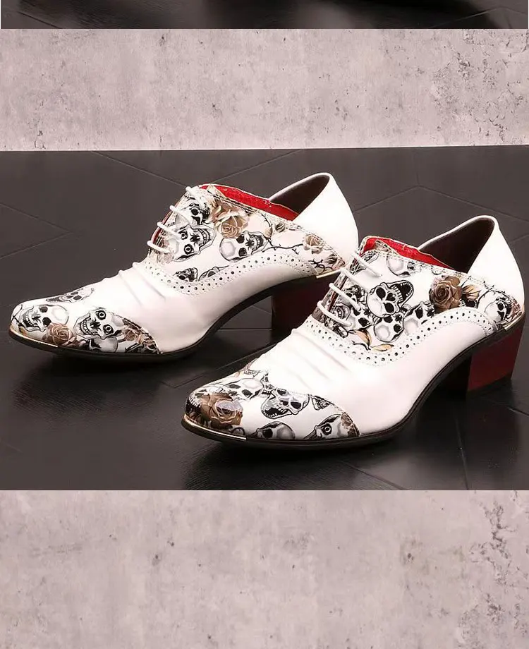Men's High Heel Cowhide Dress Shoes, Metal Buckle Round Toe Thick Heel Height Increasing Shoes, Autumn Catwalk Singer Stage Perf