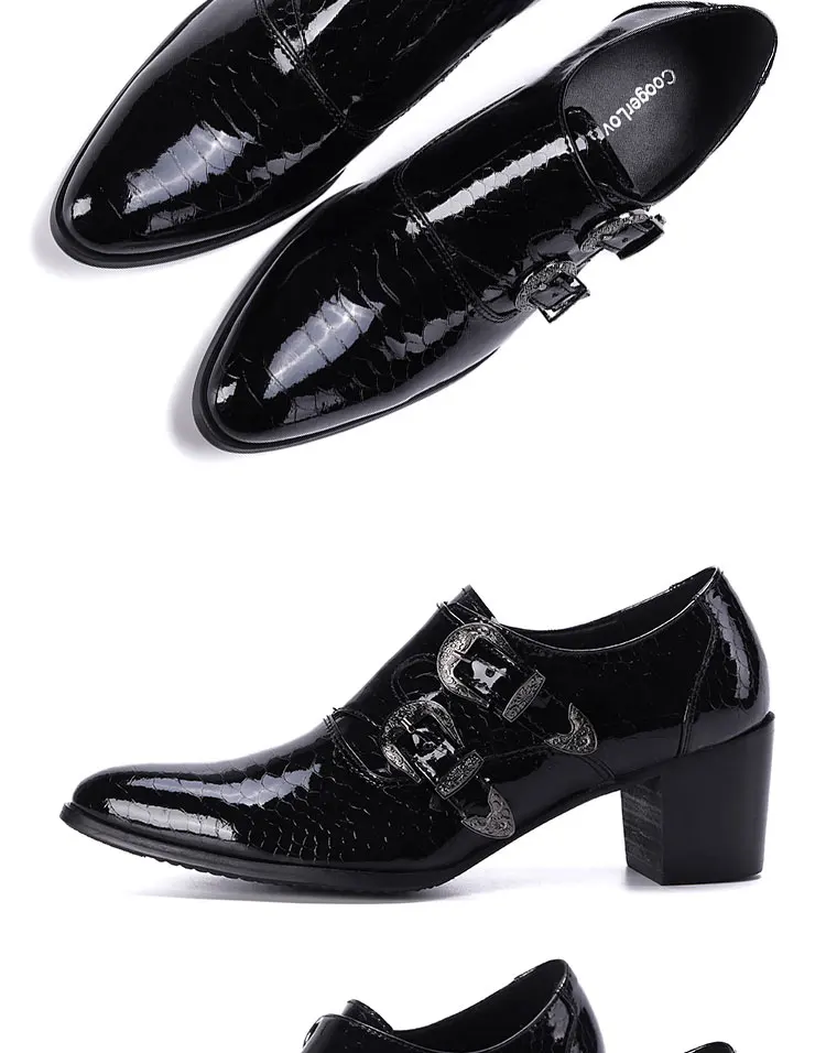 Men's High Heel Cowhide Dress Shoes, Metal Buckle Round Toe Thick Heel Height Increasing Shoes, Autumn Catwalk Singer Stage Perf