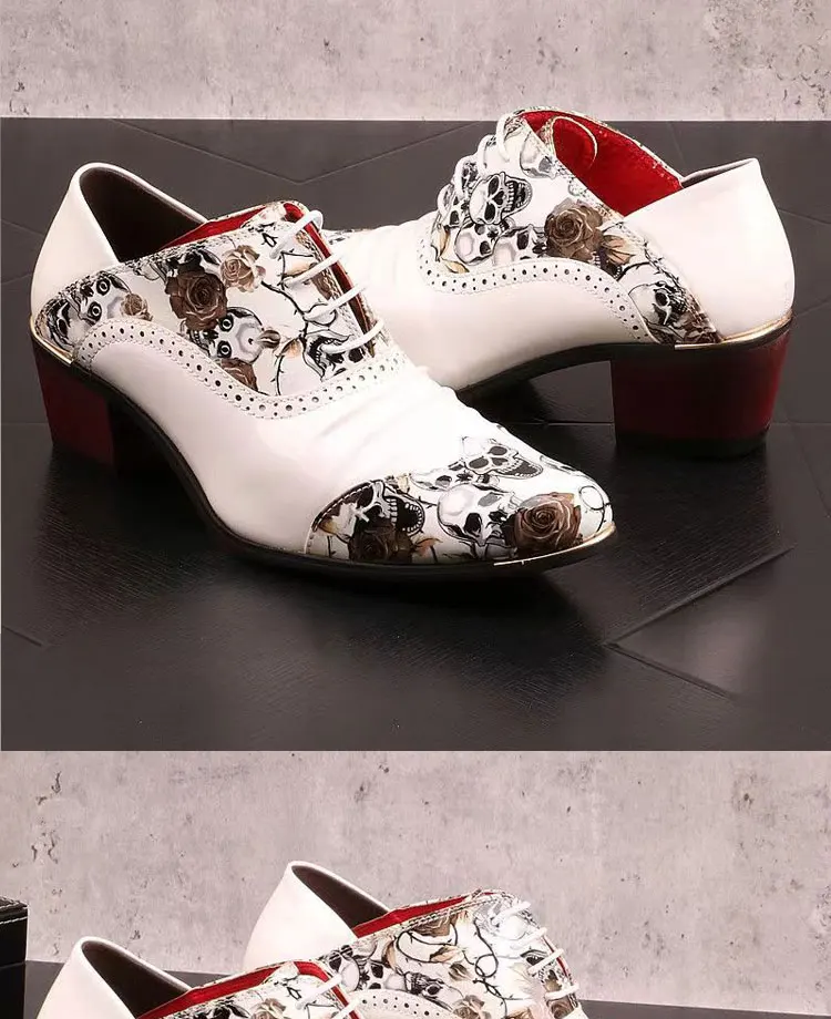 Men's High Heel Cowhide Dress Shoes, Metal Buckle Round Toe Thick Heel Height Increasing Shoes, Autumn Catwalk Singer Stage Perf