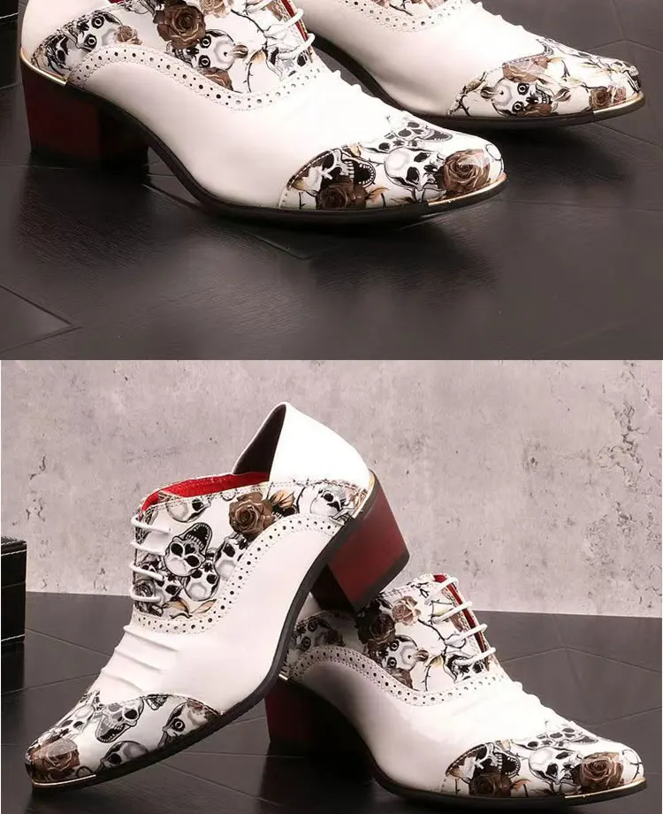 Men's High Heel Cowhide Dress Shoes, Metal Buckle Round Toe Thick Heel Height Increasing Shoes, Autumn Catwalk Singer Stage Perf