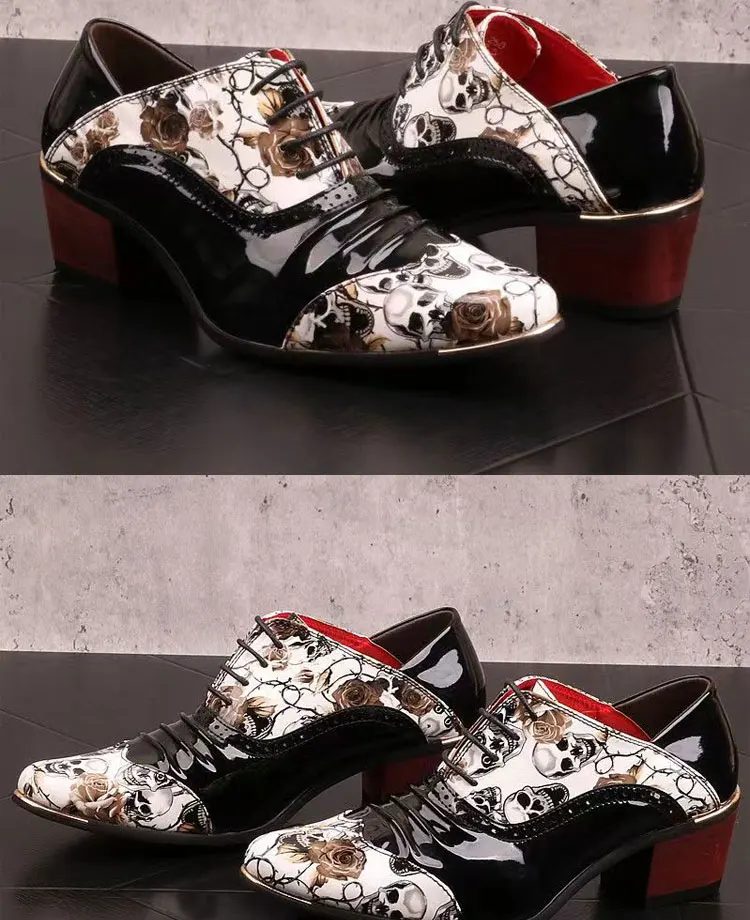 Men's High Heel Cowhide Dress Shoes, Metal Buckle Round Toe Thick Heel Height Increasing Shoes, Autumn Catwalk Singer Stage Perf
