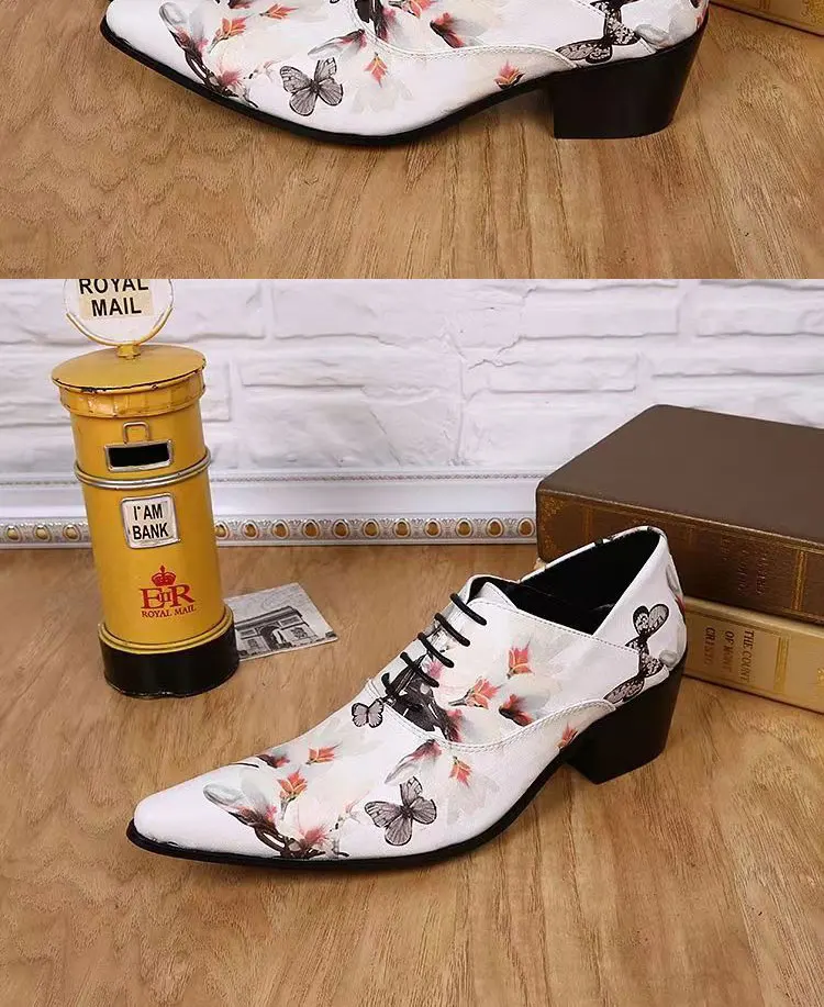 Men's High Heel Cowhide Dress Shoes, Metal Buckle Round Toe Thick Heel Height Increasing Shoes, Autumn Catwalk Singer Stage Perf