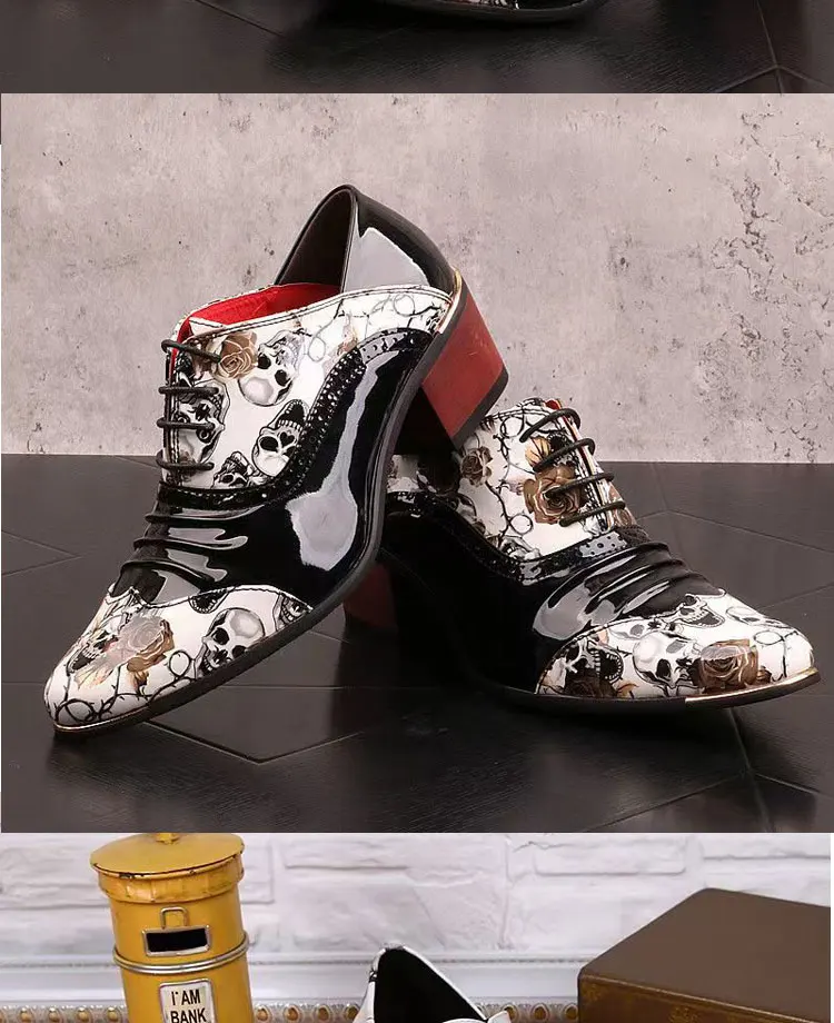 Men's High Heel Cowhide Dress Shoes, Metal Buckle Round Toe Thick Heel Height Increasing Shoes, Autumn Catwalk Singer Stage Perf
