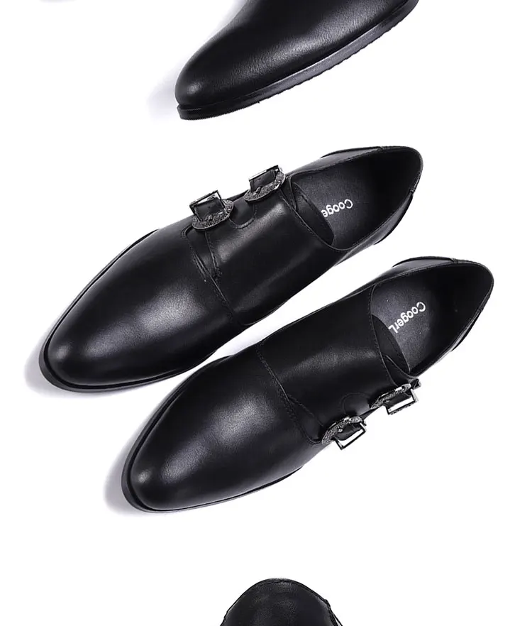 Men's High Heel Cowhide Dress Shoes, Metal Buckle Round Toe Thick Heel Height Increasing Shoes, Autumn Catwalk Singer Stage Perf