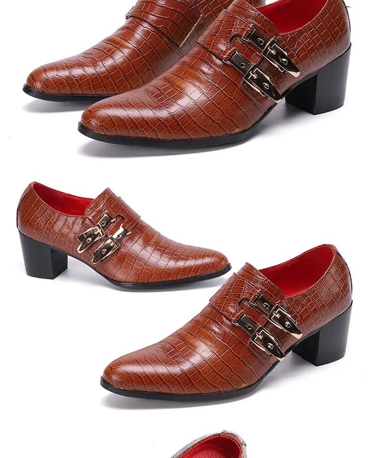 Men's High Heel Cowhide Dress Shoes, Metal Buckle Round Toe Thick Heel Height Increasing Shoes, Autumn Catwalk Singer Stage Perf