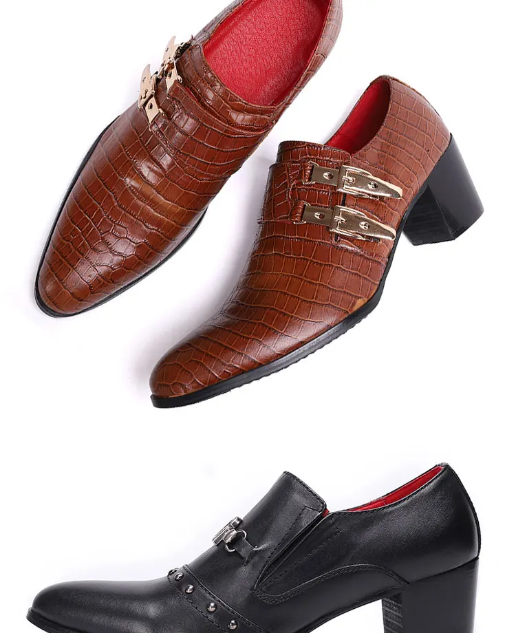 Men's High Heel Cowhide Dress Shoes, Metal Buckle Round Toe Thick Heel Height Increasing Shoes, Autumn Catwalk Singer Stage Perf