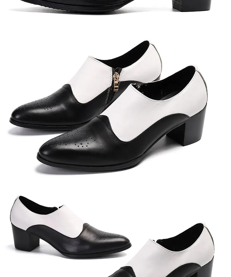 Men's High Heel Cowhide Dress Shoes, Metal Buckle Round Toe Thick Heel Height Increasing Shoes, Autumn Catwalk Singer Stage Perf