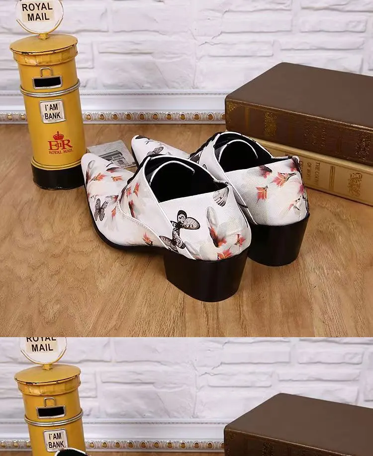 Men's High Heel Cowhide Dress Shoes, Metal Buckle Round Toe Thick Heel Height Increasing Shoes, Autumn Catwalk Singer Stage Perf