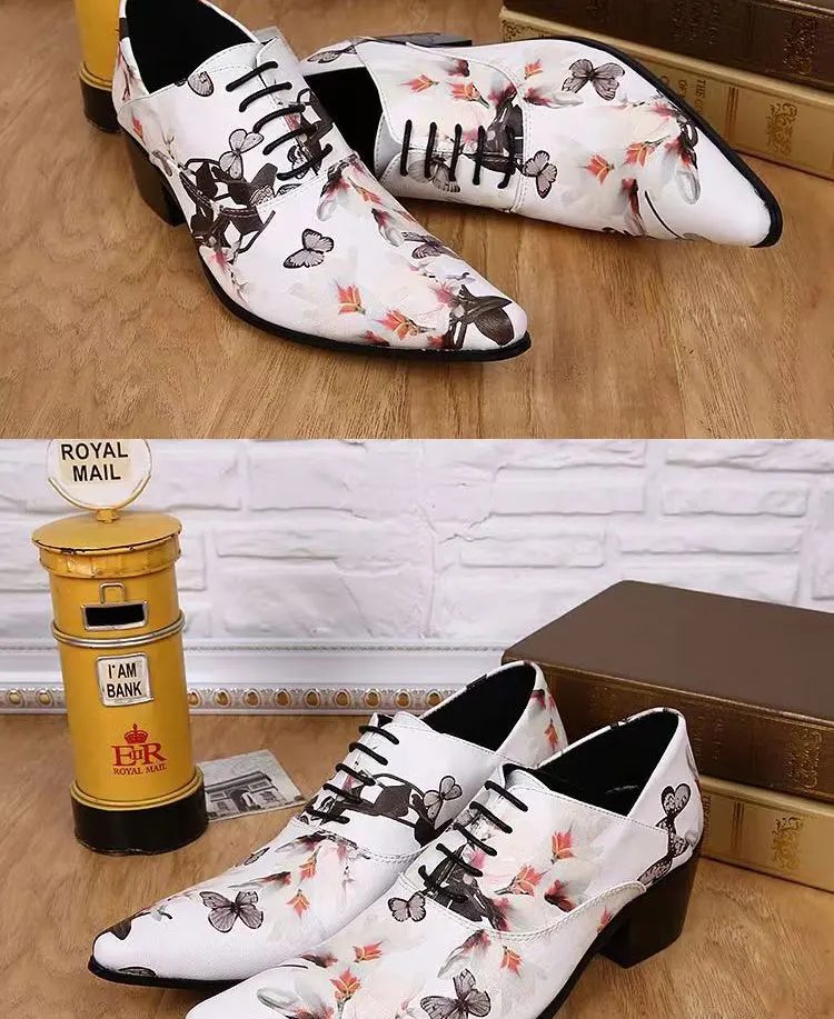 Men's High Heel Cowhide Dress Shoes, Metal Buckle Round Toe Thick Heel Height Increasing Shoes, Autumn Catwalk Singer Stage Perf