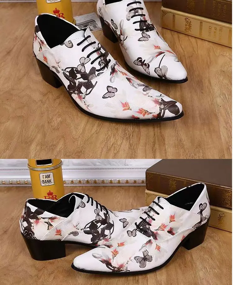 Men's High Heel Cowhide Dress Shoes, Metal Buckle Round Toe Thick Heel Height Increasing Shoes, Autumn Catwalk Singer Stage Perf