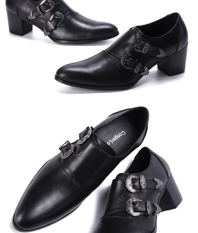 Men's High Heel Cowhide Dress Shoes, Metal Buckle Round Toe Thick Heel Height Increasing Shoes, Autumn Catwalk Singer Stage Perf