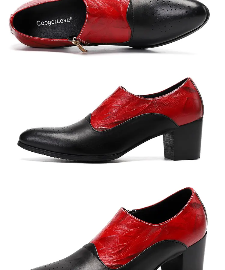 Men's High Heel Cowhide Dress Shoes, Metal Buckle Round Toe Thick Heel Height Increasing Shoes, Autumn Catwalk Singer Stage Perf