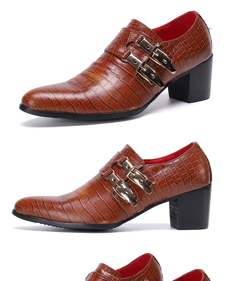 Men's High Heel Cowhide Dress Shoes, Metal Buckle Round Toe Thick Heel Height Increasing Shoes, Autumn Catwalk Singer Stage Perf