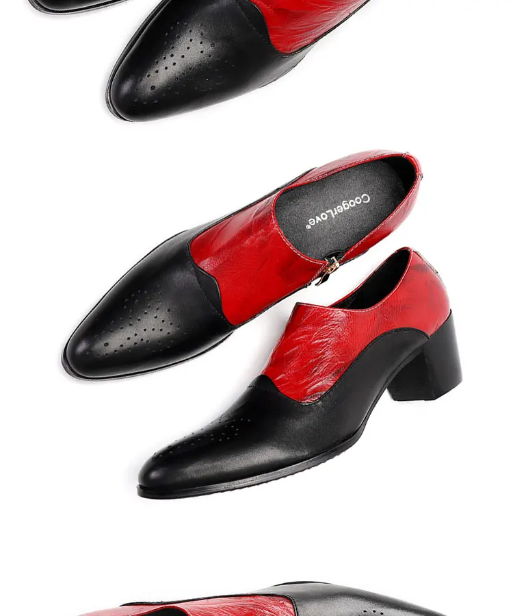 Men's High Heel Cowhide Dress Shoes, Metal Buckle Round Toe Thick Heel Height Increasing Shoes, Autumn Catwalk Singer Stage Perf