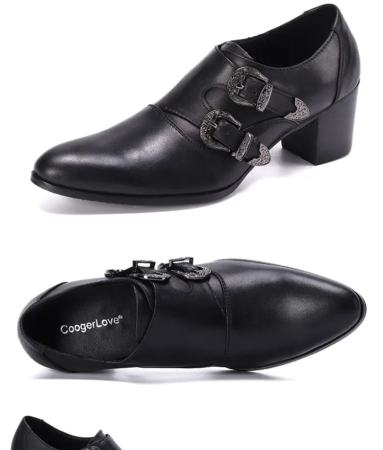 Men's High Heel Cowhide Dress Shoes, Metal Buckle Round Toe Thick Heel Height Increasing Shoes, Autumn Catwalk Singer Stage Perf