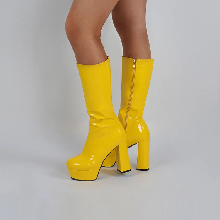 Ladies Mid-Tube Boots Leopard Print Flock Sexy Platform High Thick Heel Mid-Calf Boots Side Zipper Patent Leather Fashion Boots